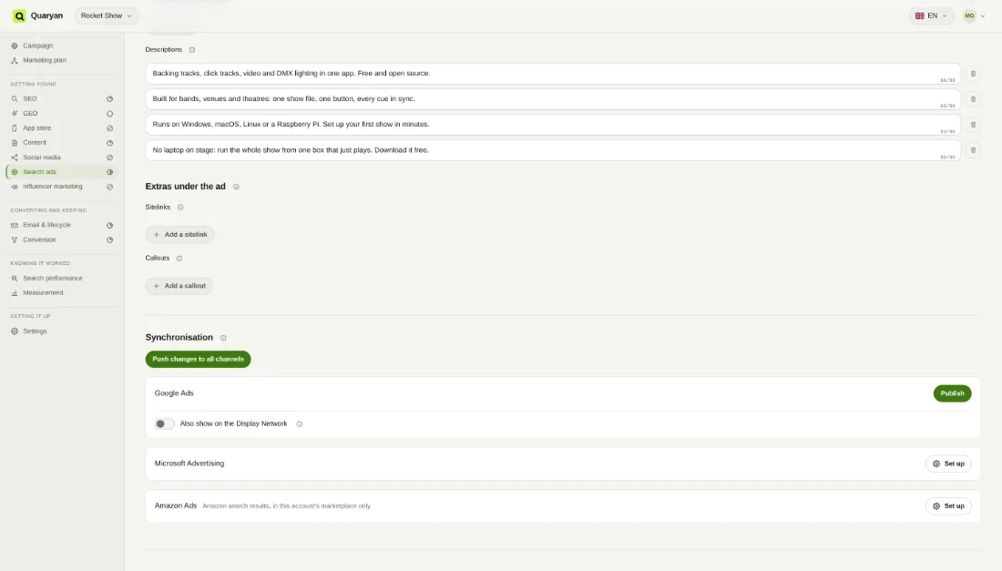 Quaryan's search ads screen: every channel in the menu on the left, four ad descriptions, and a button that pushes changes to all channels — Google Ads, Microsoft Advertising and Amazon Ads.